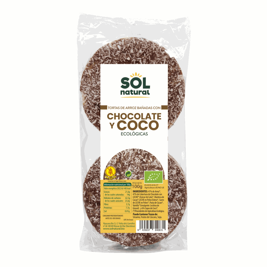Coquetes d'arròs xocolata i coco 100g, Sol Natural