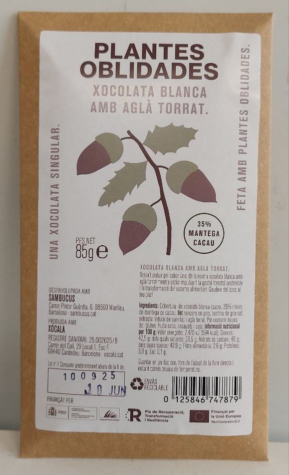 Xocolata blanca amb aglà torrat 85g, Plantes Oblidades