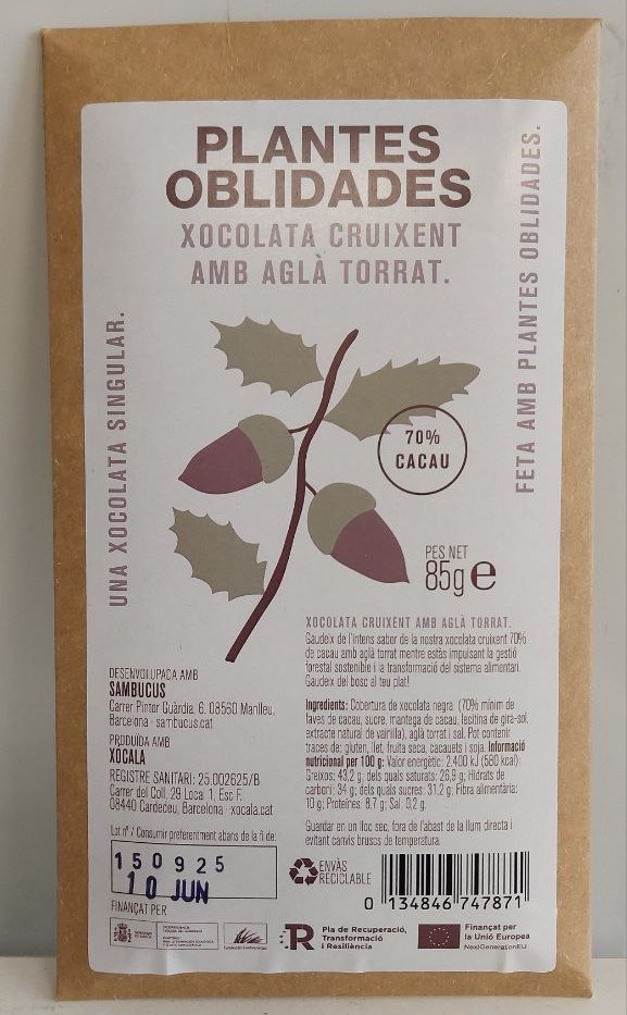 Xocolata cruixent amb aglà torrat 85g, Plantes Oblidades